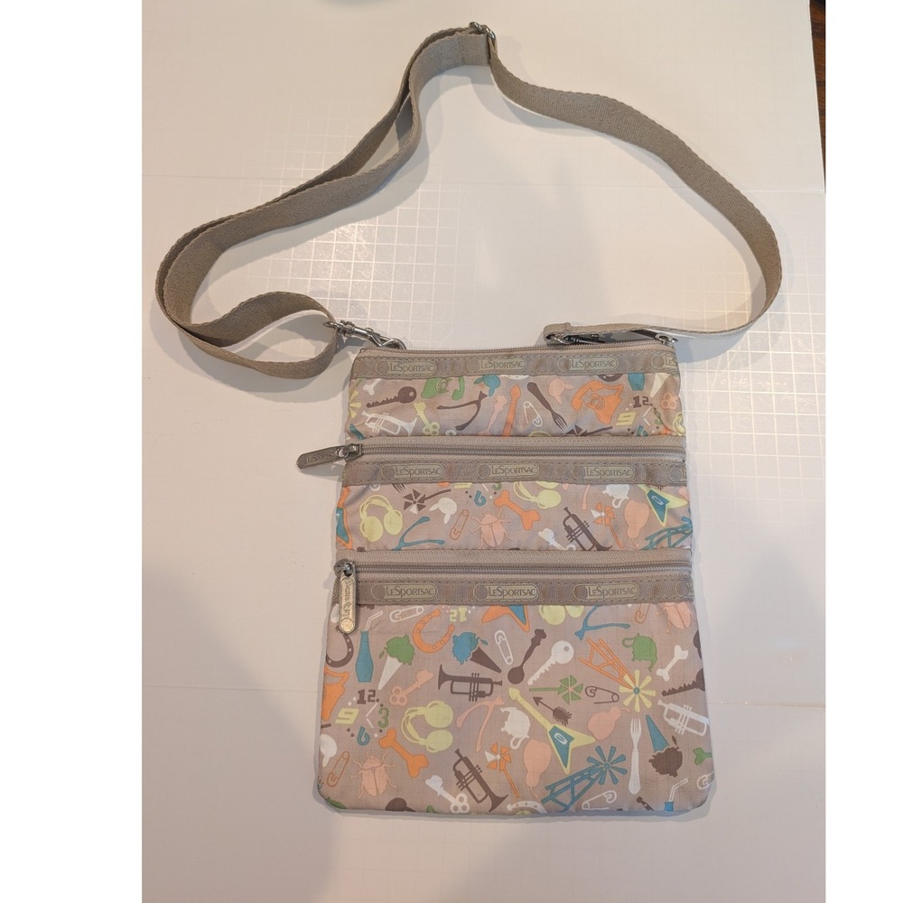 LeSportsac Tan Multi Print 3-Zip Crossbody Bag Nylon Travel Shoulder Bag